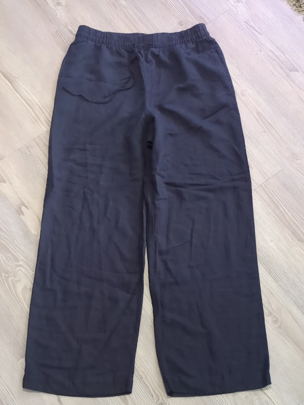 H&M Linen Blend Wide Leg Pull On Pants Blue Medium Elastic Waist Pockets
